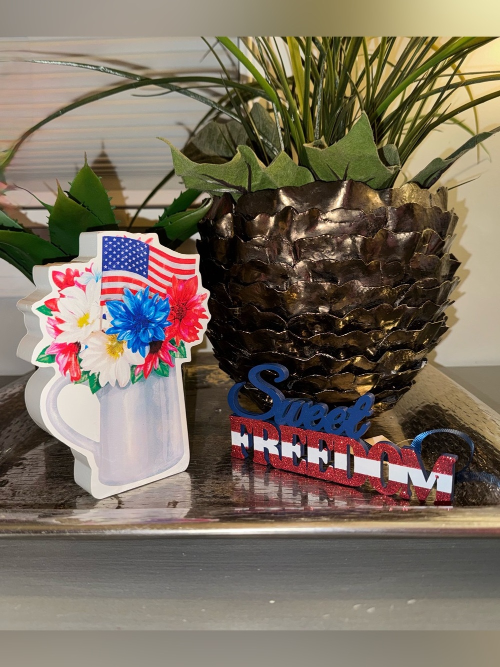Sweet Freedom Red Glitter, White & Blue Hanging Wall Sign & Floral Flag Accent